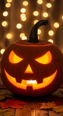 Fototapeta premium Photo of a spooky jackolantern with a carved face glows warmly from within, set against a bokeh background