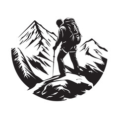 Vector illustration of people climbing a mountain with a natural and mountainous background, depicting the spirit of adventure, exploration and outdoor activities.