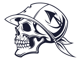 Detailed black and white skull graphic design with tribal-inspired embellishments.