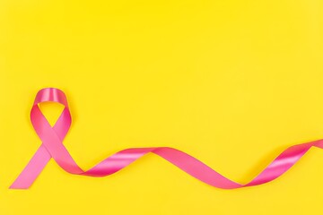 Pink ribbon on yellow background – perfect for breast cancer awareness and health campaigns, , pink October poster, perfect for women's health clinic, breast check up