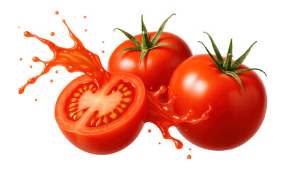 Three ripe tomatoes with one cut in half, splashing vibrant red juice, on transparent background.