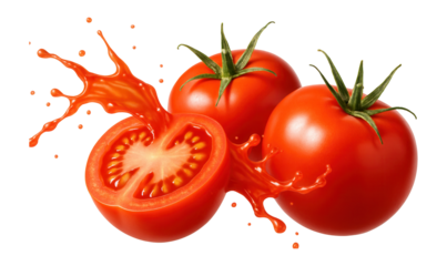 Three ripe tomatoes with one cut in half, splashing vibrant red juice, on transparent background.