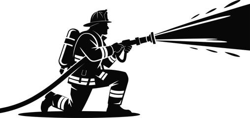 Firefighter silhouette spraying water from hose fireman