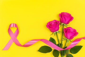 Pink roses and pink ribbon on yellow background – perfect for breast cancer awareness visuals, pink October poster, perfect for women's health clinic, breast check up