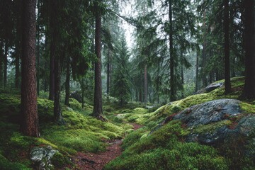 Misty forest path, moss-covered rocks