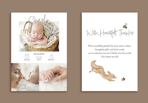 Baby newborn boy photo card with watercolor thank-you design. Editable birth announcement template for printable baby stationery and personalized greeting cards.