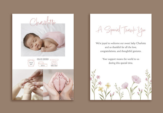 Baby newborn girl photo card with watercolor floral thank-you design. Editable birth announcement template for printable collages and keepsake greeting cards.