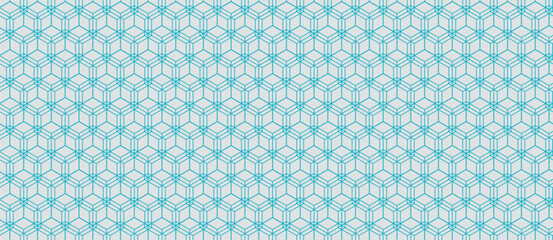 Abstract geometric seamless pattern.  Elegant teal lines create an intricate cube design on a light gray background.  Perfect for website backgrounds, textiles, or modern design projects.
