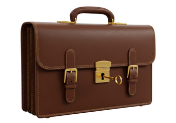Isolated Elegant Brown Leather Briefcase with Gold Key and Buckles