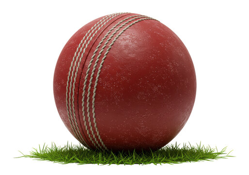 Isolated Red Cricket Ball on Green Grass