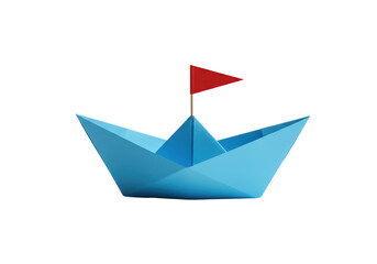 Isolated Blue Paper Boat with Red Flag