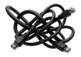 Black ethernet cables tangled in a complex knot with visible connectors on transparent background.