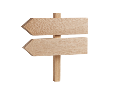 Simple wooden directional sign.  Two light beige wooden signs with opposing arrows.  Mounted on a single light beige wooden post.  Isolated against black