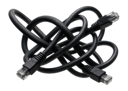 Black ethernet cables tangled in a complex knot with visible connectors on transparent background.