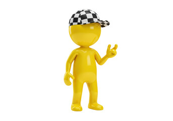 Isolated Yellow 3D Figure with Checkered Cap Making Rock Hand Gesture