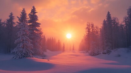 Naklejka premium Sunset in a forest with trees covered with snow, background and texture, useful for winter and nature themes.