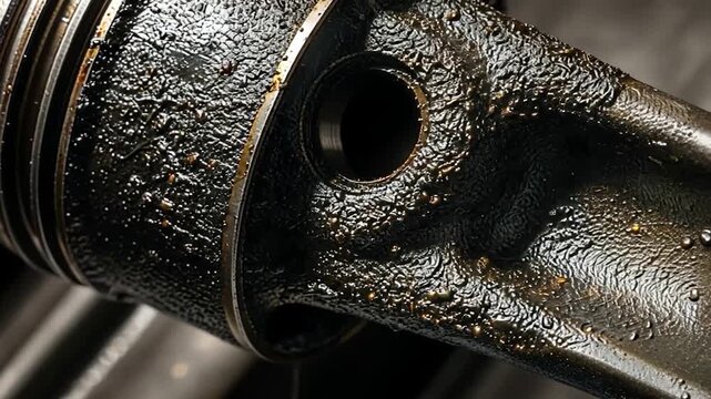 Detailed view of a heavily soiled engine piston with thick oil and carbon deposits.