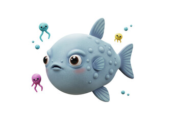 Isolated Cute Blue Puffer Fish with Sad Bubble Emojis