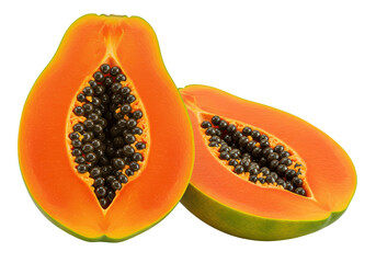 Isolated Ripe Papaya Halves with Seeds on White Background