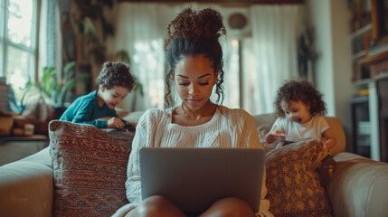 Mother and her children in the background of a home environment, busy working on her laptop. Useful for articles on work-family balance and advertising of services for parents.