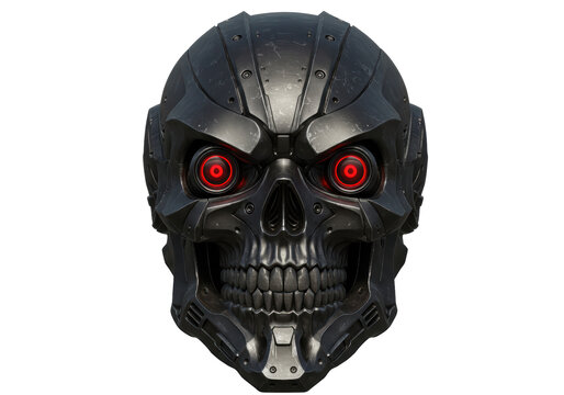 Isolated Ferocious Metallic Robot Skull with Glowing Red Eyes