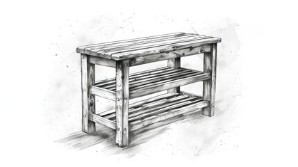Fototapeta premium A grayscale sketch of a rustic wooden bench with two shelves