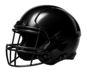 Matte black football helmet featuring a sturdy facemask and protective padding on transparent background.