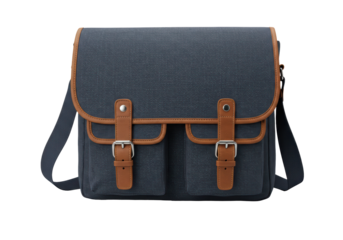 Isolated Stylish Blue Canvas Messenger Bag with Leather Accents