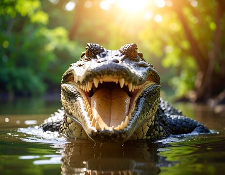 Close-up of a large reptile with open jaws, partially submerged in murky water, sunlit background
