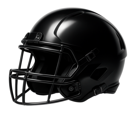 Matte black football helmet featuring a sturdy facemask and protective padding on transparent background.