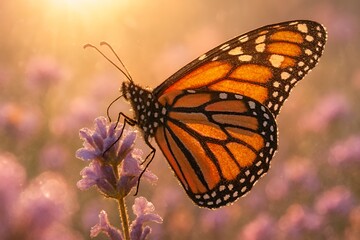 Fototapeta premium Stunning monarch butterfly delicately perched on lavender flower in golden sunlight