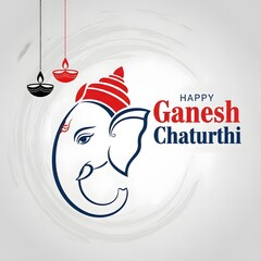 Illustration of ganesh chaturthi with ganesha outline and hanging lamps on a light gray background