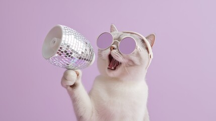 Gray cat wearing reflective round sunglasses, holding a disco-ball style megaphone, mouth open mid-shout message about sale. Online shopping promotions, discounts and special offers, advertising