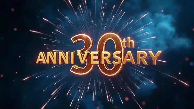 30th anniversary text in gold with fireworks burst on dark background in festive and elegant celebration design
