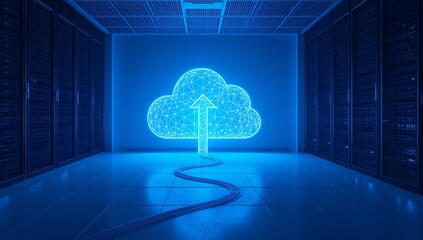 Glowing blue cloud computing symbol in a server room