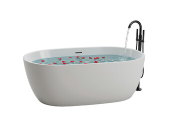 Isolated Elegant White Freestanding Bathtub with Rose Petals and Water Filling