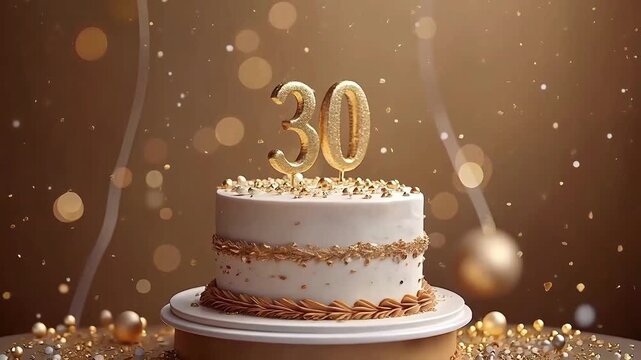30th celebration cake with gold number topper, white frosting, festive balloons, scattered confetti, and elegant party setup
