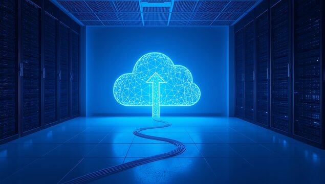 Glowing blue cloud computing symbol in a server room
