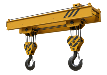 Isolated Heavy-Duty Yellow Overhead Crane with Two Hooks and Warning Stripes