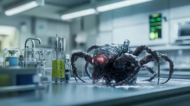 Mysterious alien creature with glowing red eyes in laboratory science experiment featuring mutated virus and creepy parasite near scientific equipment