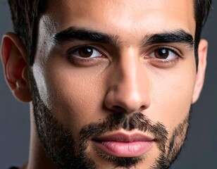 Close-up portrait of a young man with dark hair and eyes, stubble, and a serious expression