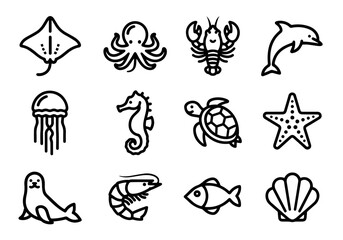 Ocean & Sea Life Vector Icon Set | Adjustable Line Weight | Stingray, octopus, lobster, dolphin, jellyfish, seahorse, turtle, starfish, seal, shrimp, fish, shell icons