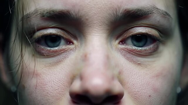 Extreme close-up of a person's face, focusing on blue eyes, nose, eyebrows, & skin texture