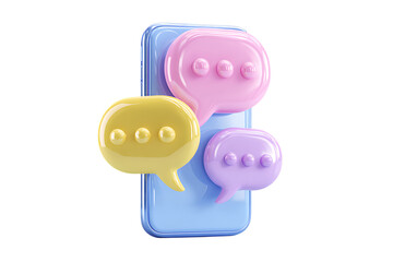 3D pastel speech bubbles on phone, communication, chat, messaging concept.