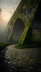 Old moss-covered stone bridge bathed in soft morning light