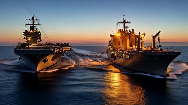 Dramatic Underway Replenishment: Naval Ships at Sea During Golden Hour Sunset
