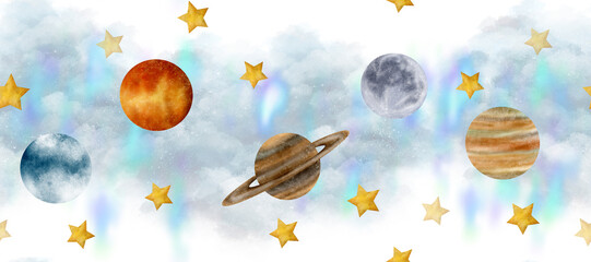 White sky, stars, nebula, Jupiter, Moon, Saturn, Venus, Exoplanet make up this space of seamless border watercolor clip art. Watercolor. Great for invitation cards, stationery, product packaging