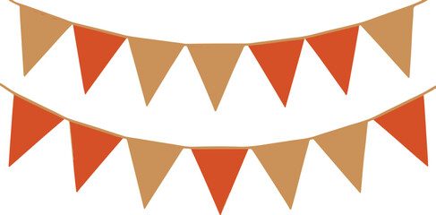 Two rows of festive orange and tan pennant banners