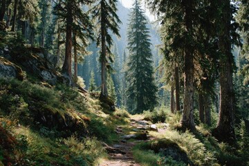 Sunlit mountain path through a dense forest