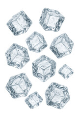 Obraz premium Multiple crystal-clear ice cubes shown in various orientations on transparent background.